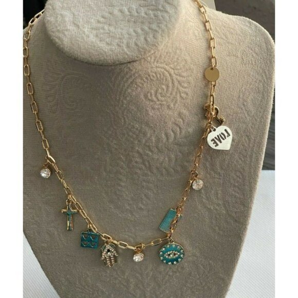 Aldo Gold-Tone Multi-Charm Pave Love Theme Necklace - Picture 1 of 5